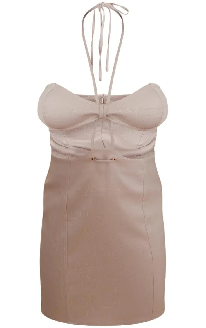 Stone Woven Linen Cut Out Strap Detail Bodycon Dress