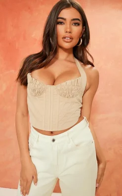 Stone Woven Ruched Bust Boned Halter Neck Crop Top