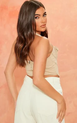 Stone Woven Ruched Bust Boned Halter Neck Crop Top