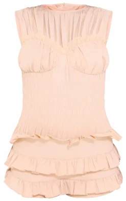 Stone Woven Ruched Frill Short Bloomer Romper