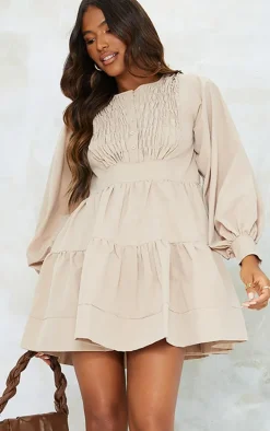 Stone Woven Ruffled Tiered Smock Dress
