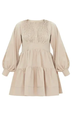 Stone Woven Ruffled Tiered Smock Dress