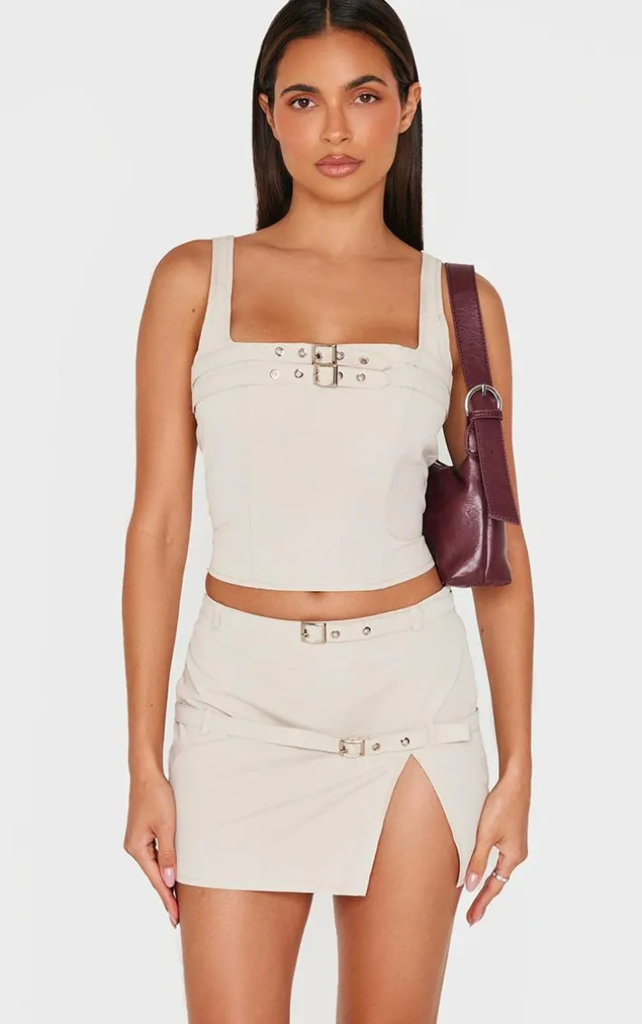 Stone Woven Tailored Belt Detail Crop Top
