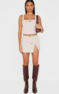 Stone Woven Tailored Belt Detail Micro Mini Skirt