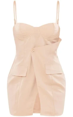 Stone Woven Tailored Pocket Detail Wrap Front Mini Dress