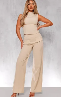 Stone Woven Tailored Wide Leg Pocket Detail Pants