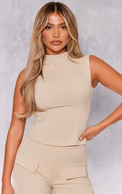 Stone Woven Tailored Zip Up Top