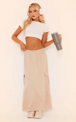 Stone Woven Toggle Waist Peached Maxi Cargo Skirt