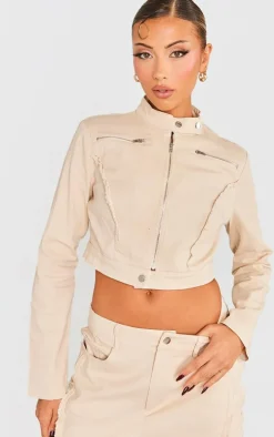 Stone Woven Twill Raw Edge Seam Detail Cropped Jacket