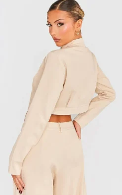 Stone Woven Twill Raw Edge Seam Detail Cropped Jacket