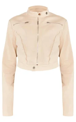 Stone Woven Twill Raw Edge Seam Detail Cropped Jacket