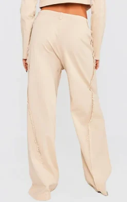 Stone Woven Twill Raw Edge Seam Detail Straight Leg Pants