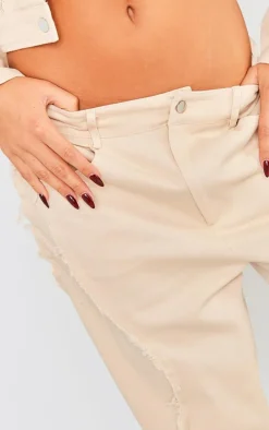 Stone Woven Twill Raw Edge Seam Detail Straight Leg Pants