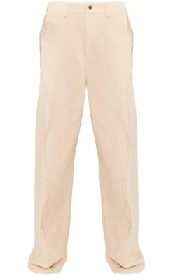 Stone Woven Twill Raw Edge Seam Detail Straight Leg Pants