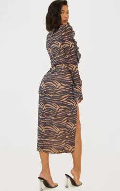 Stone Zebra Print Chiffon Frill Detail Midi Dress