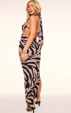 Stone Zebra Printed Chiffon Halterneck Maxi Dress