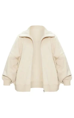 Stone Zip Up Neck Wide Pocket Detail Panel Sweatshirt