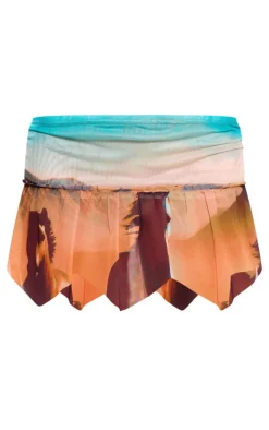 Sunset Horse Printed Frill Detail Assymetric Hem Lined Mesh Mini Skirt