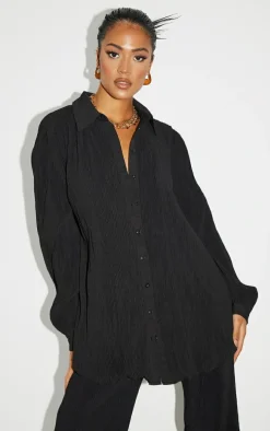 Tall Black Plisse Oversized Cuff Detail Shirt