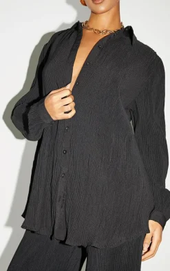 Tall Black Plisse Oversized Cuff Detail Shirt