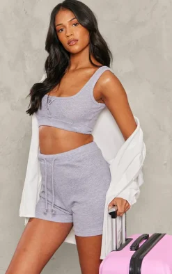 Tall Ash Grey Waffle Textured Button Up Crop Top