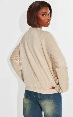 Tall Beige Faux Suede Oversized Bomber Jacket