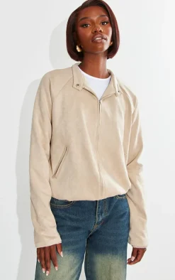 Tall Beige Faux Suede Oversized Bomber Jacket