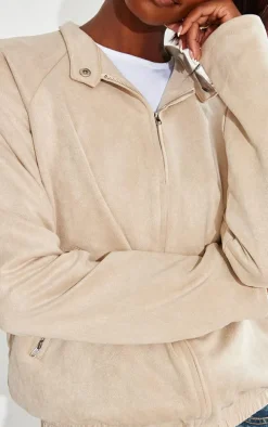 Tall Beige Faux Suede Oversized Bomber Jacket