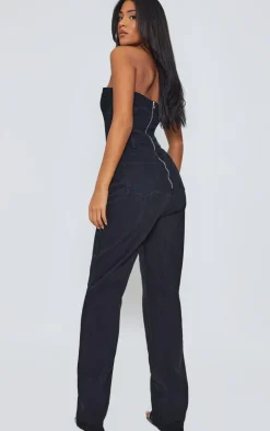 Tall Black Bandeau Denim Straight Leg Jumpsuit