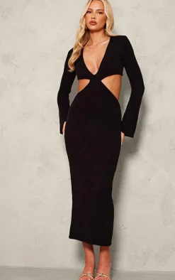Tall Black Bobble Knit Long Sleeve Cut Out Midaxi Dress