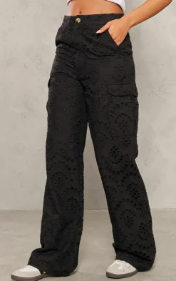 Tall Black Broderie Wide Leg Pants