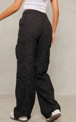Tall Black Broderie Wide Leg Pants