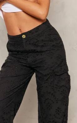 Tall Black Broderie Wide Leg Pants