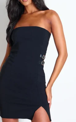 Tall Black Buckle Detail Stretch Woven Mini Dress