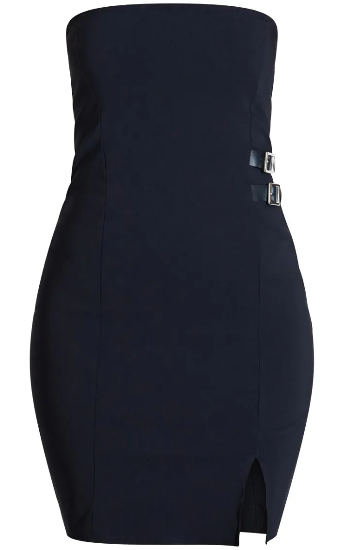 Tall Black Buckle Detail Stretch Woven Mini Dress