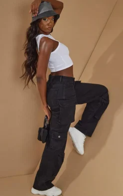 Tall Black Cargo Pocket Detail Mid Rise Wide Leg Jeans