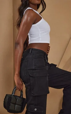 Tall Black Cargo Pocket Detail Mid Rise Wide Leg Jeans