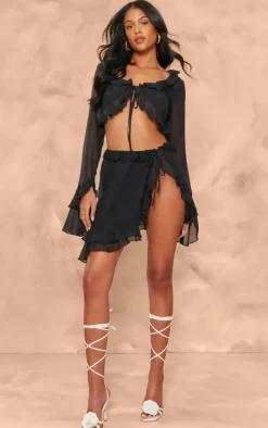Tall Black Chiffon Frill Detail Split Mini Skirt