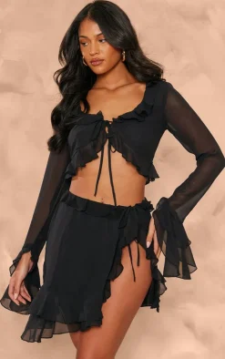 Tall Black Chiffon Frill Detail Split Mini Skirt