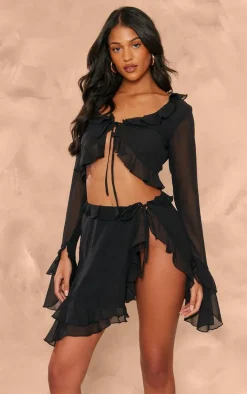 Tall Black Chiffon Frill Detail Split Mini Skirt