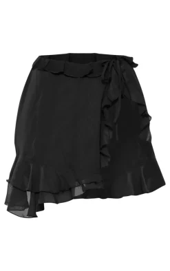 Tall Black Chiffon Frill Detail Split Mini Skirt
