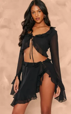 Tall Black Chiffon Frill Detail Tie Crop Top