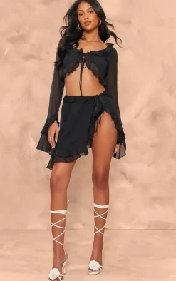 Tall Black Chiffon Frill Detail Tie Crop Top