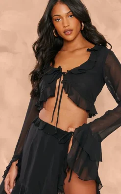 Tall Black Chiffon Frill Detail Tie Crop Top
