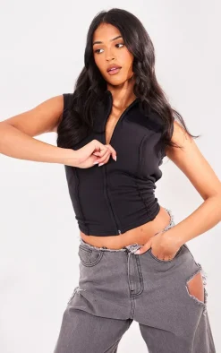 Tall Black Collar Seam Detail Sleeveless Top