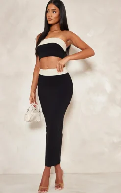 Tall Black Contrast Fold Over Midaxi Skirt