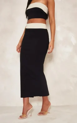 Tall Black Contrast Fold Over Midaxi Skirt