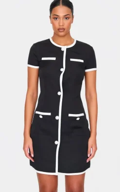 Tall Black Contrast Trim Pearl Button Up Mini Dress