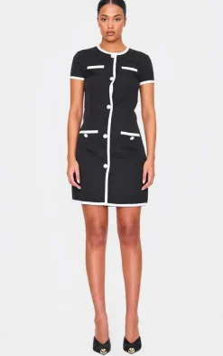 Tall Black Contrast Trim Pearl Button Up Mini Dress