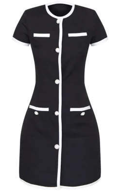 Tall Black Contrast Trim Pearl Button Up Mini Dress